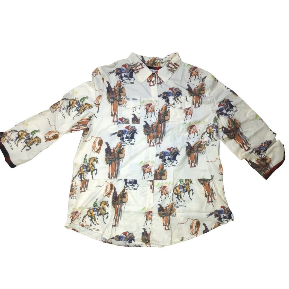 Womens 4XL Equestrian Horse Rider Button Blouse Tunic Long Sleeve Plus Size